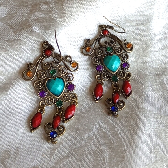 Colorful faux turquoise heart scrolls and dangling rhinestone hook earrings - Picture 1 of 5